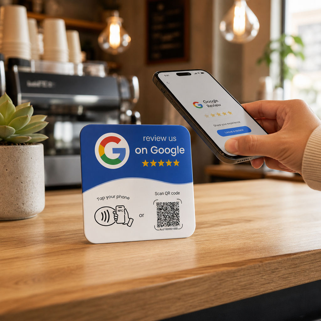 TARJETA RESEÑAS DE GOOGLE CON NFC + QR REPROGRAMABLE