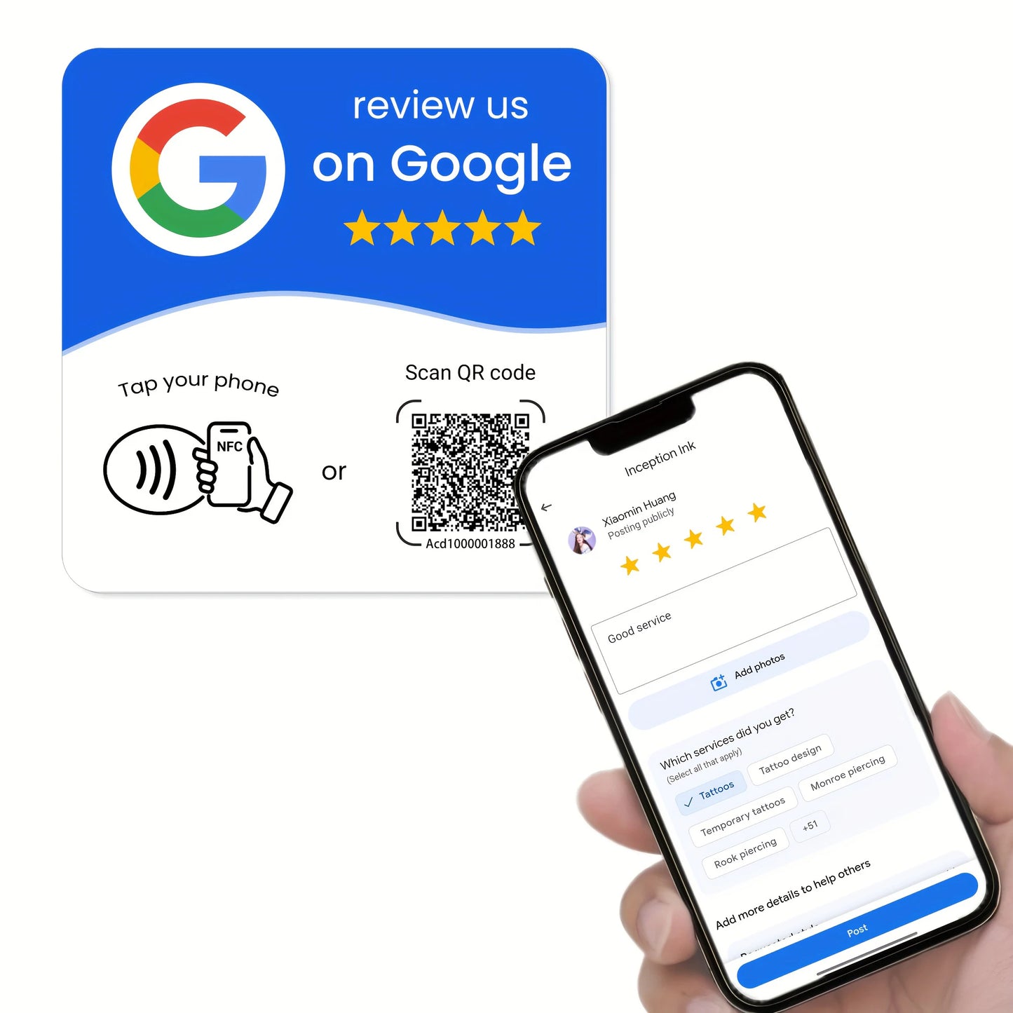 TARJETA RESEÑAS DE GOOGLE CON NFC + QR REPROGRAMABLE