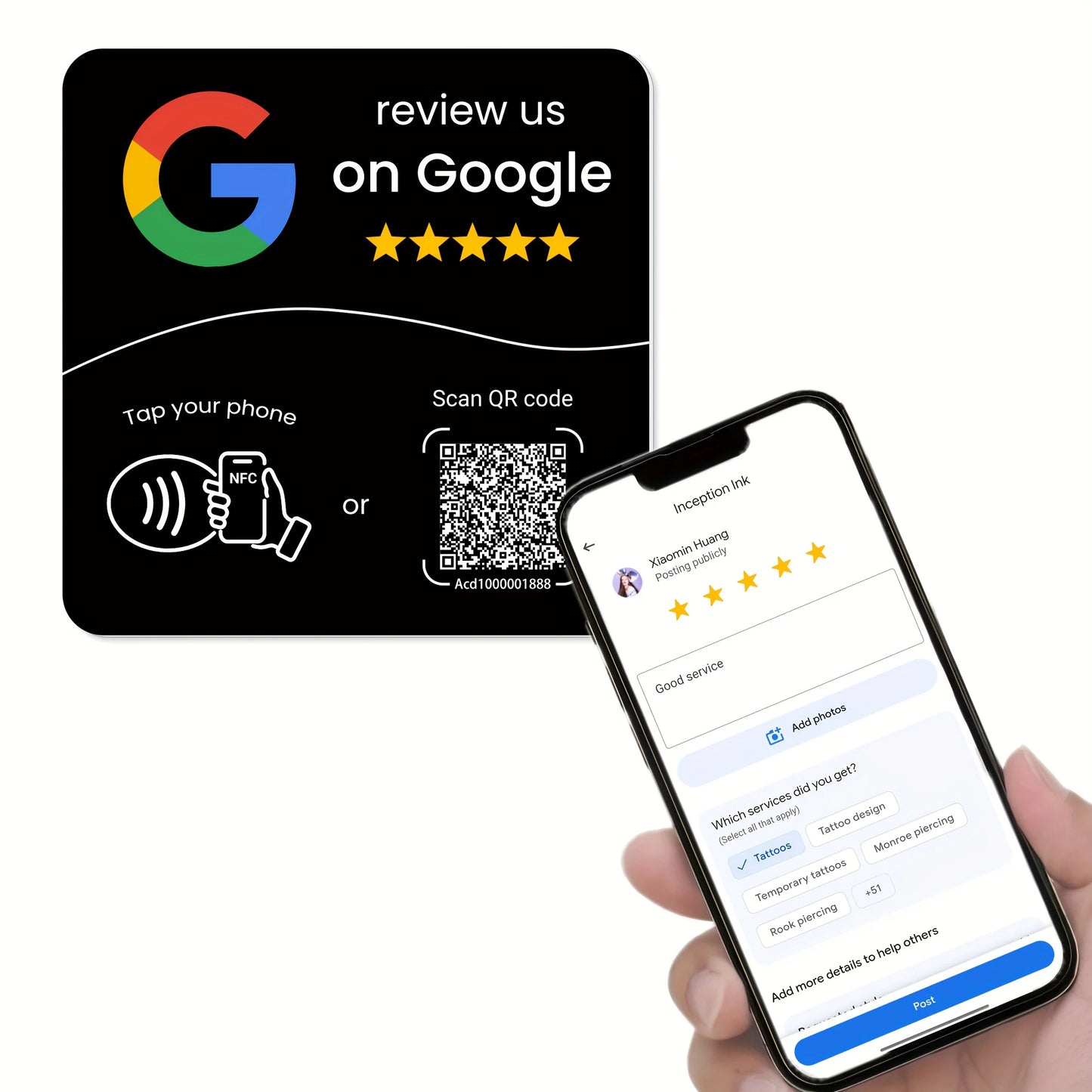 TARJETA RESEÑAS DE GOOGLE CON NFC + QR REPROGRAMABLE